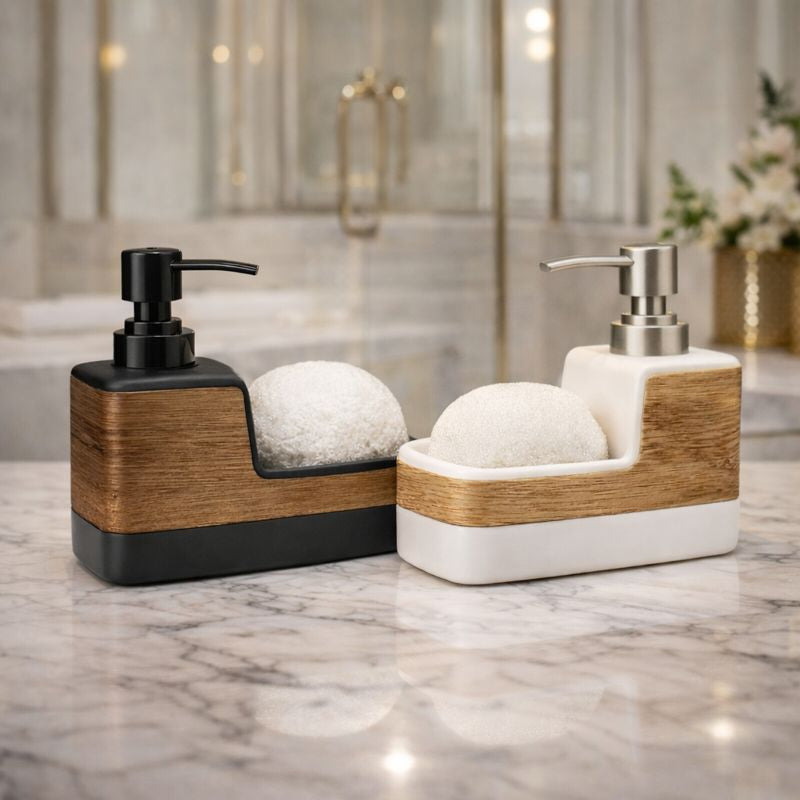 Modern Ceramic Soap Dispenser – Wood-Textured Finish with Integrated Sponge Holder - Trenducts.pk