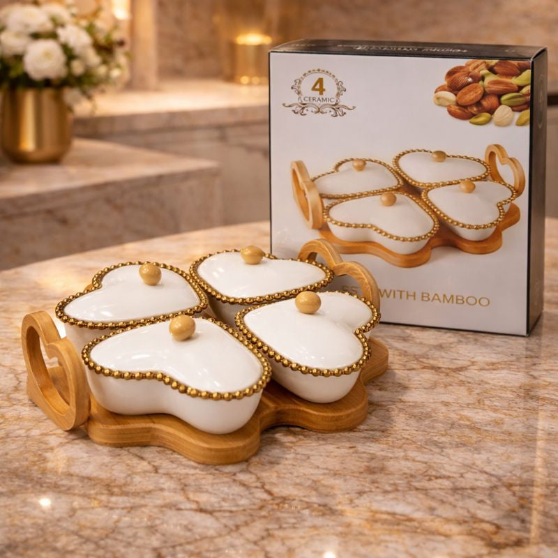Luxury 4-Section Heart Serving Tray – Ceramic Bowls with Heart-Shaped Bamboo Stand - Trenducts.pk