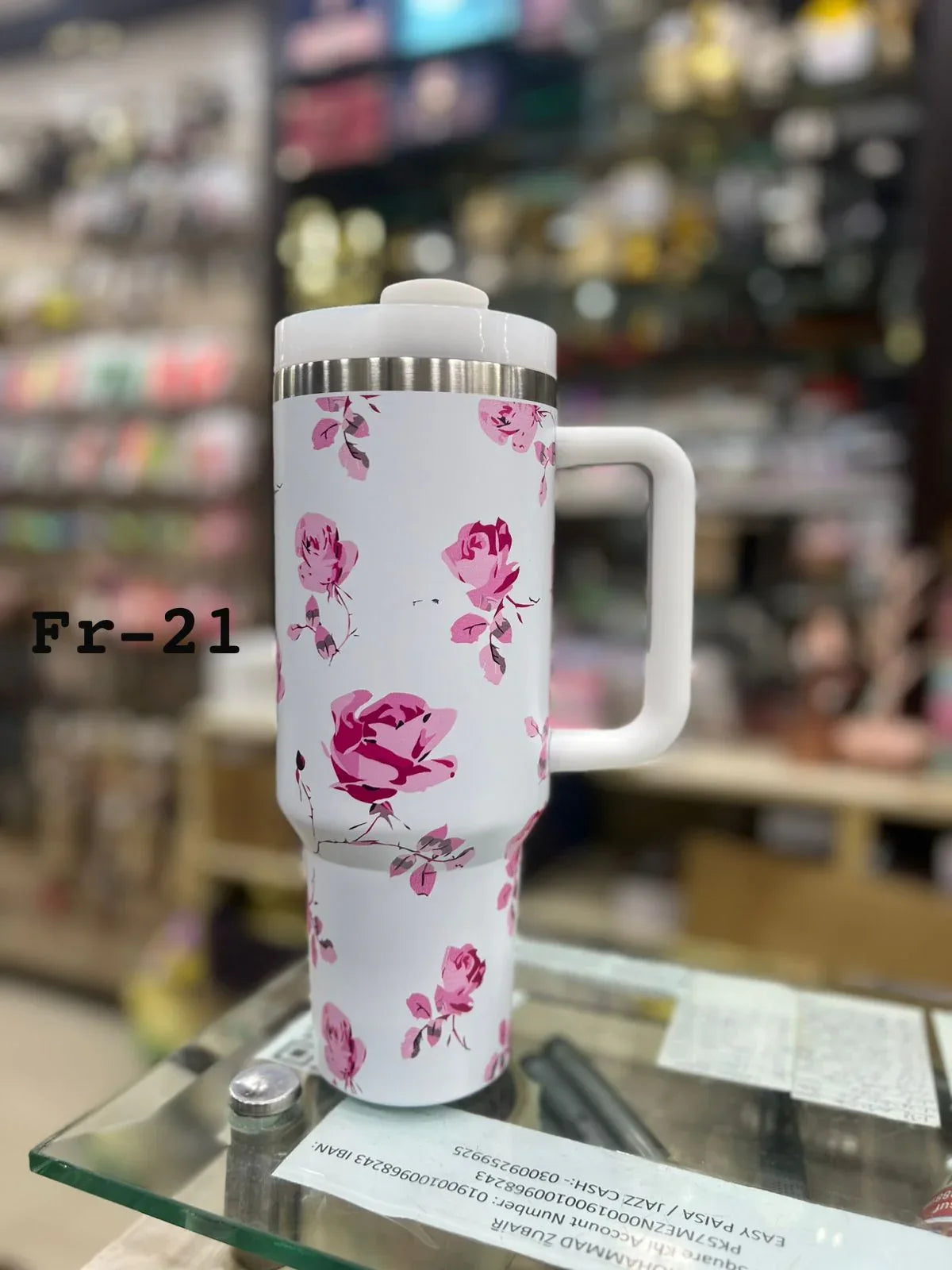 Premium White Pink Rose 40oz Tumbler With Handle – 1200ml - Clarify.pk