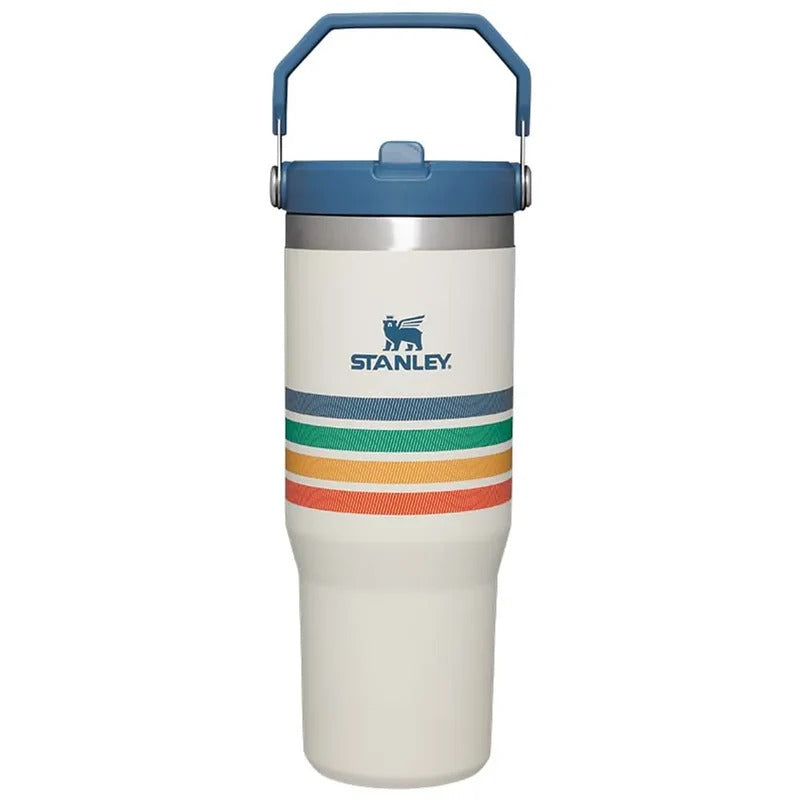 Stanley 30oz IceFlow Flip Straw Tumbler in Cream Stripe with blue lid and rotating handle - Trenducts Pakistan