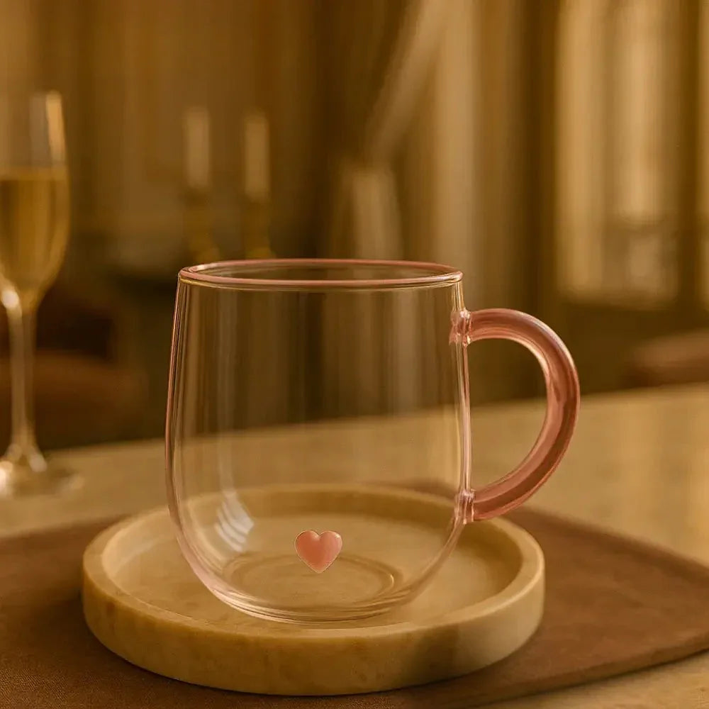 Blush Heart Double-Wall Glass Mug - Stylish & Durable - Clarify.pk