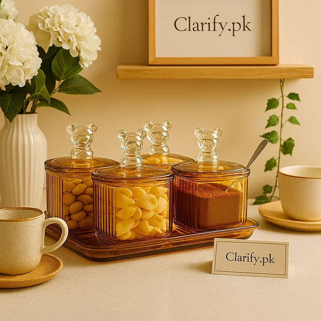 Amber Glass Storage Jars Set with Cute Lids - Clarify.pk