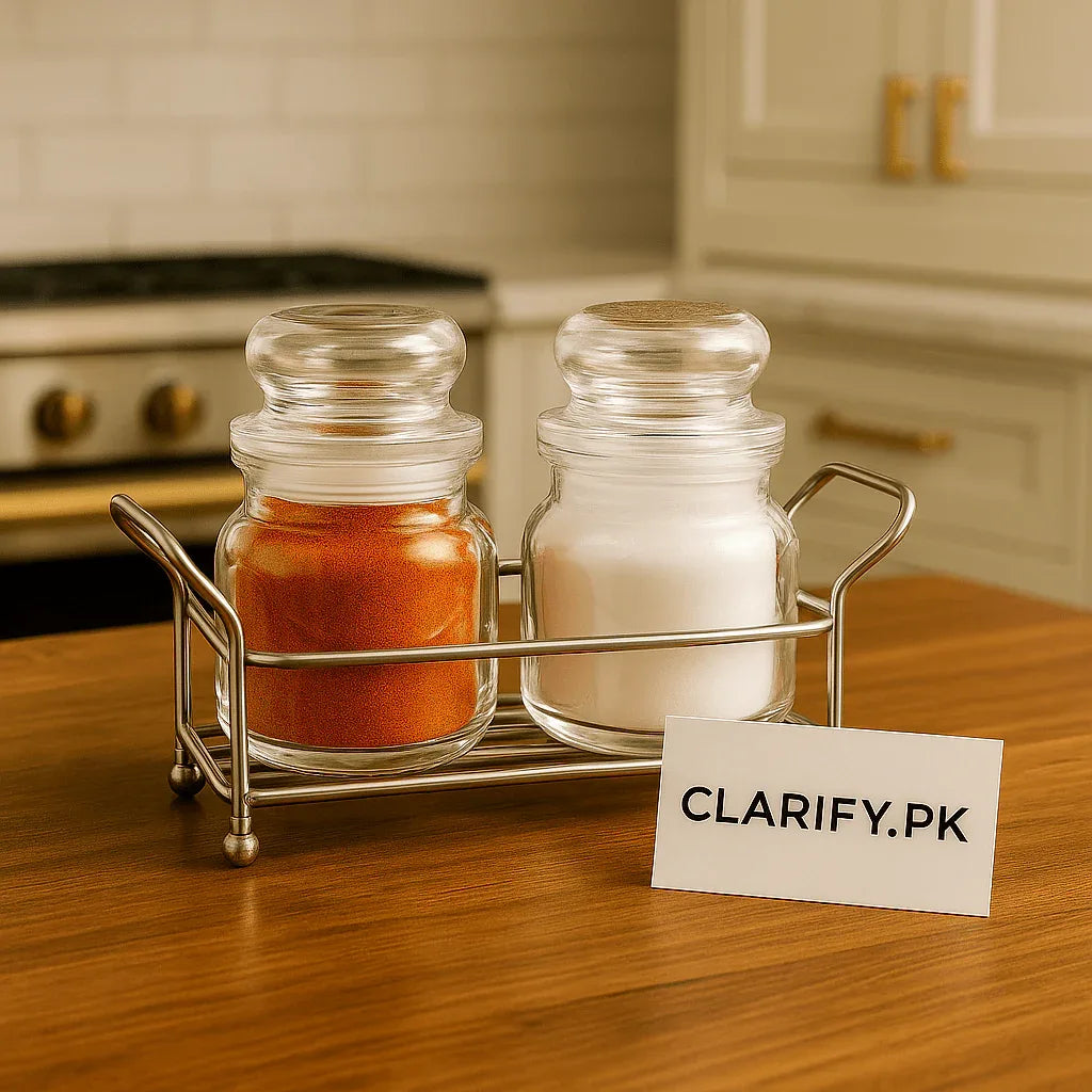 Luxury Glass Spice Jar Set with Elegant Metal Holder – Salt & Pepper Shakers - Clarify.pk