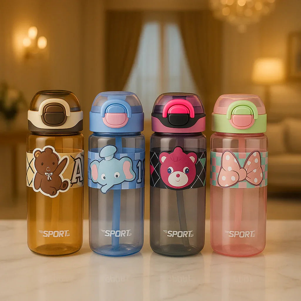 Kids Cartoon Flip-Straw Water Bottle – 500ml (Random Color) - Clarify.pk