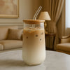 Ribbed Glass Cup with Wooden Lid & Glass Straw - Clarify.pk