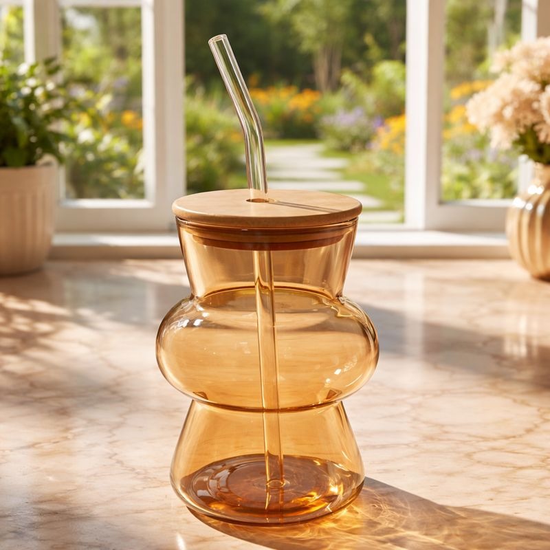 Amber Bubble Glass Sipper - Aesthetic Wavy Glass Tumbler (450ml) IT
