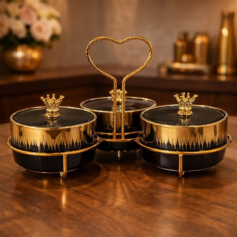 3-Section Luxury Gold Canister Set – Black Ceramic Jars with Heart Handle - Trenducts.pk