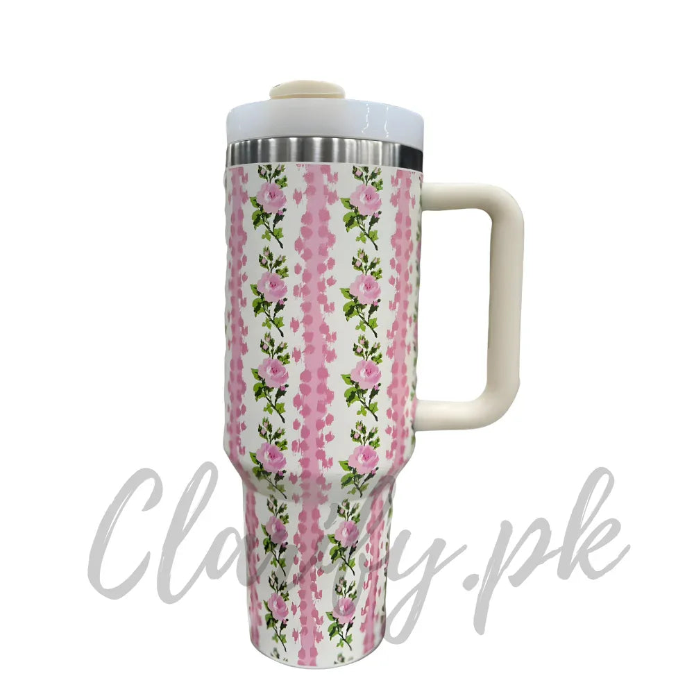 Premium Pink Stripes & Roses 40oz Tumbler With Handle – 1200ml - Clarify.pk