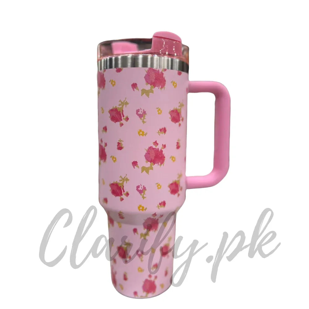 Premium Pink Floral 40oz Tumbler With Handle – 1200ml - Clarify.pk