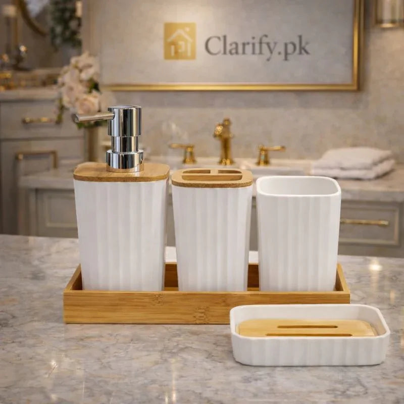 Luxury 4-Piece Bathroom Set with Bamboo Tray (Random Color) - Clarify.pk