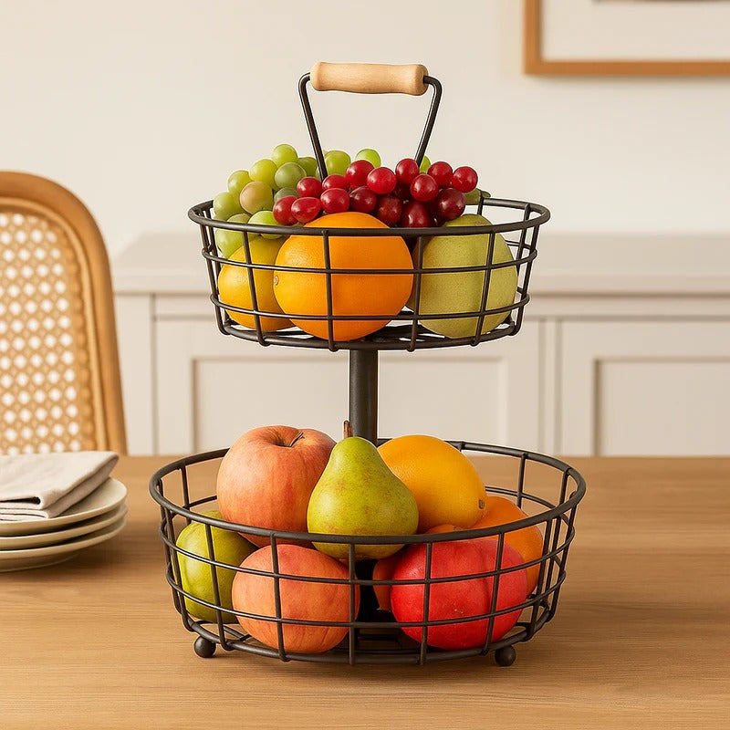 Binca Premium 2-Tier Fruit Basket – Luxury Matte Black Organizer MJ