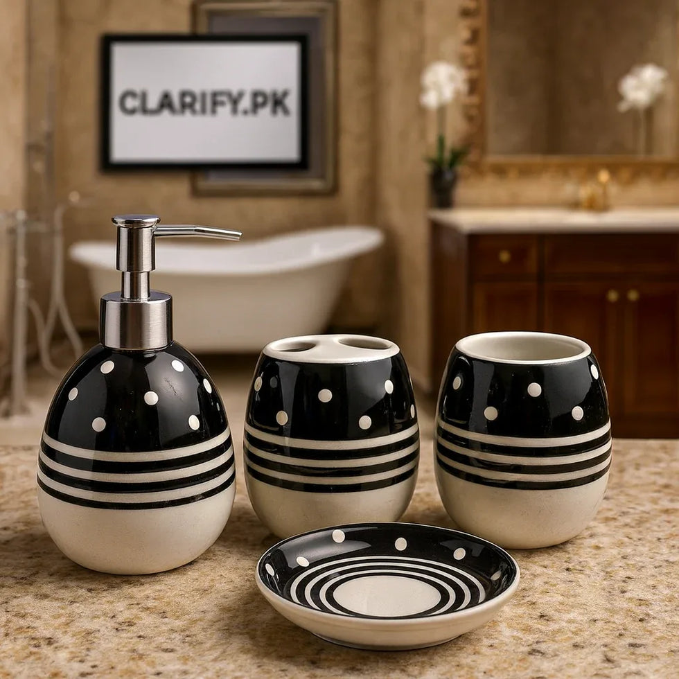 Luxury 4Pcs Black & White Bath Set – Modern Bathroom Décor - Clarify.pk