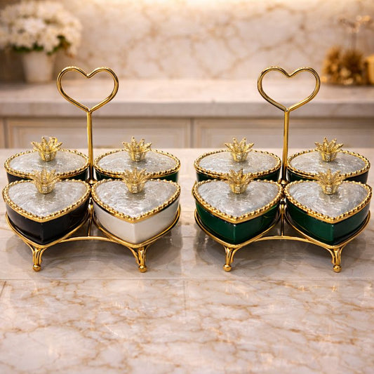 Luxury 4-Section Heart Serving Set – Fancy Marbled Jars with Golden Heart Stand (Random color) - Trenducts.pk