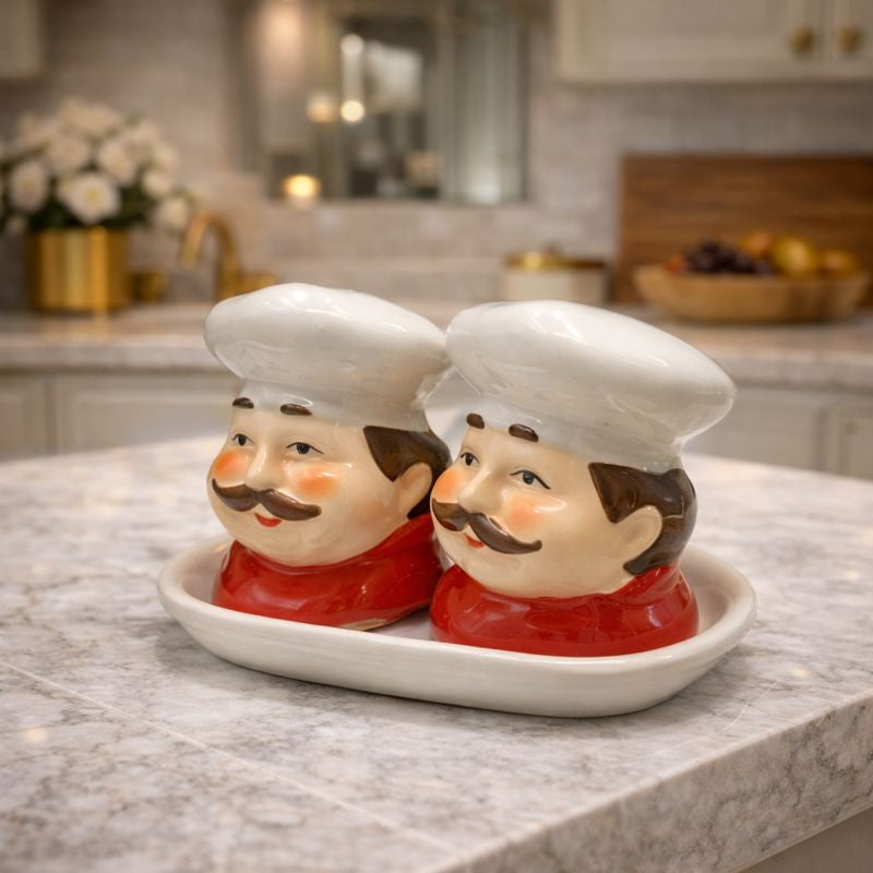Premium Whimsical 2-Piece Ceramic Chef Shaker Set – Decorative Salt & Pepper Jars with Tray - Trenducts.pk