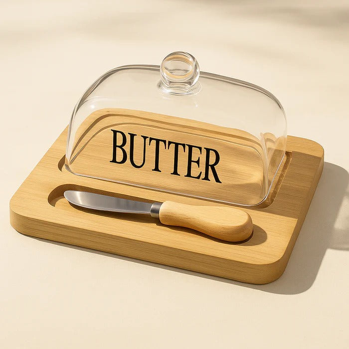 Elegant Glass Butter Dish with Bamboo Base & Knife MJ
