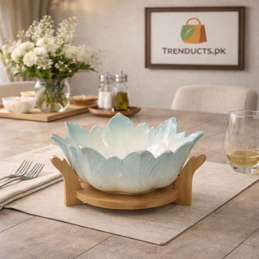 Elegant Scalloped Petal Ceramic Serving Bowl - Pastel Ombre with Wooden Stand - Trenducts.pk
