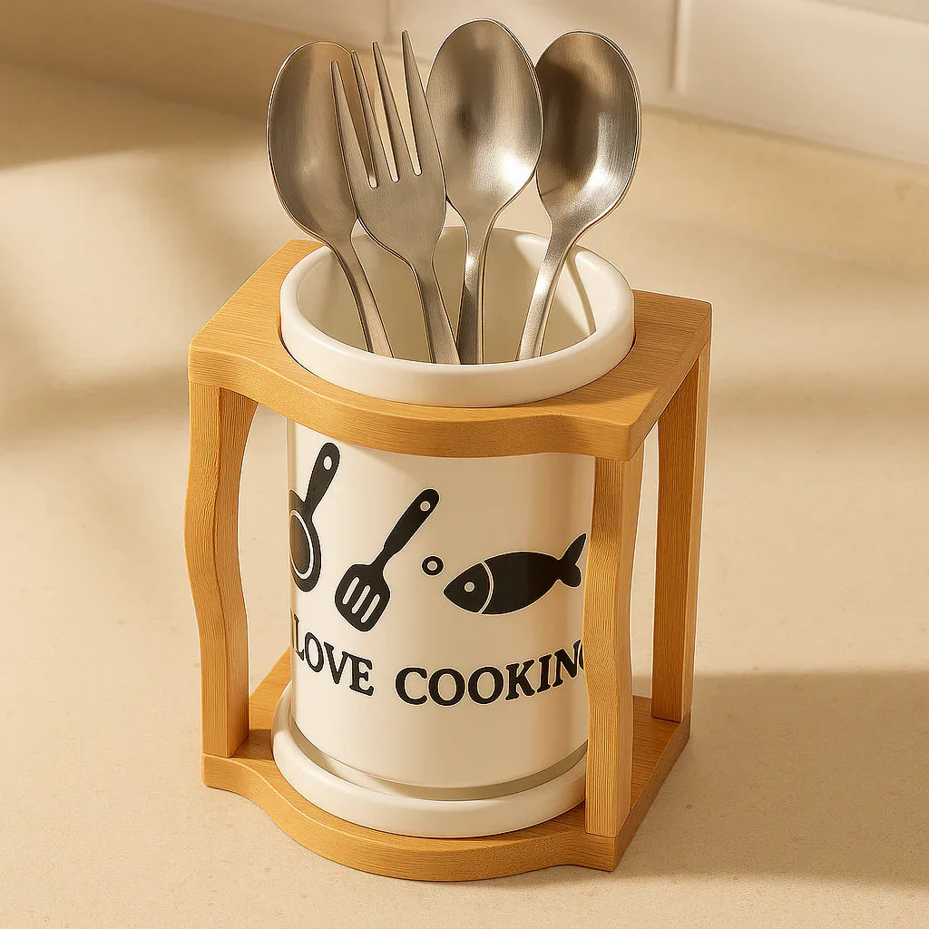 Ceramic Spoon & Fork Holder with Wooden Frame - Clarify.pk