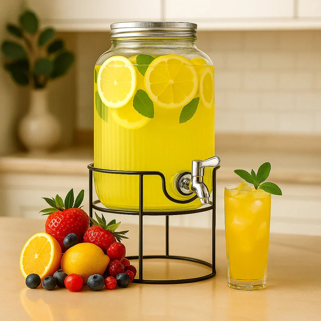 8L Round Glass Water Dispenser with Metal Stand - Clarify.pk