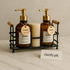 Amber Soap & Lotion Dispenser Set with Gold Caddy – Elegant Refillable Organizer - Clarify.pk