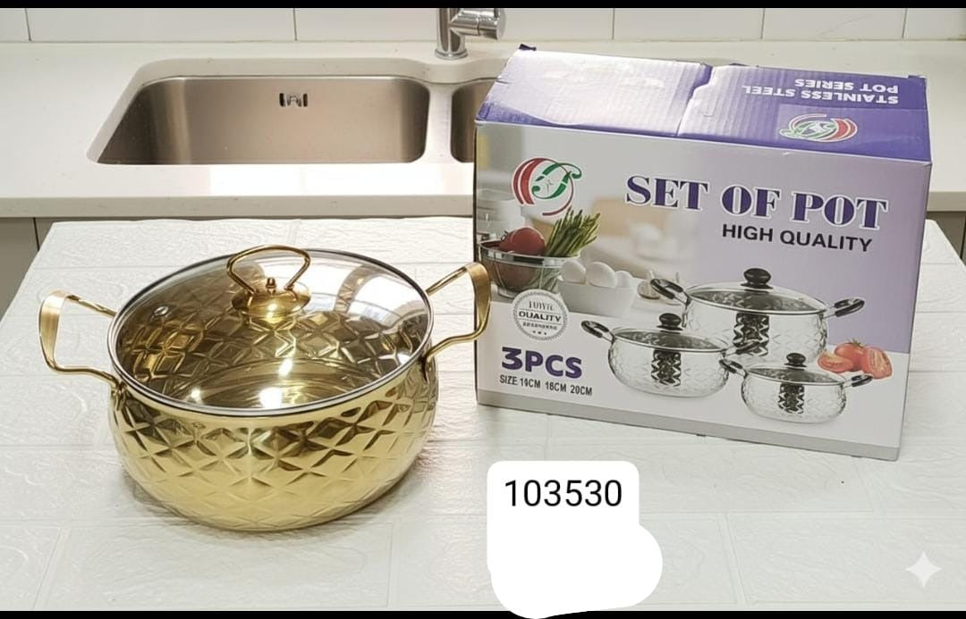 3pcs Golden Cooking Pots with Glass Lids - Trenducts.pk