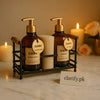 Amber Soap & Lotion Dispenser Set with Gold Caddy – Elegant Refillable Organizer - Clarify.pk