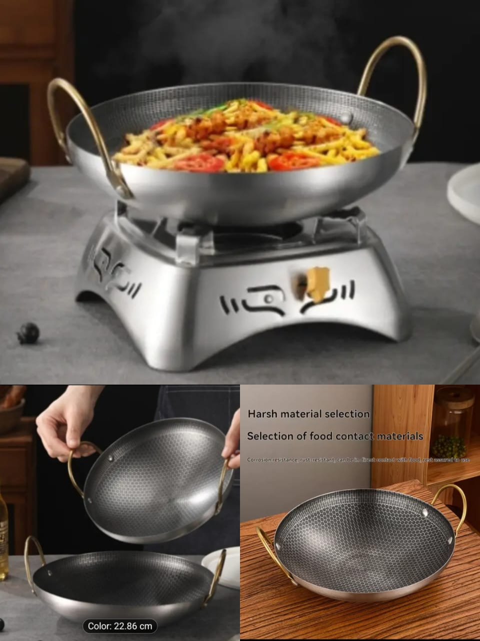 Thick non stick honeycomb dry pot with double handles on gas stove