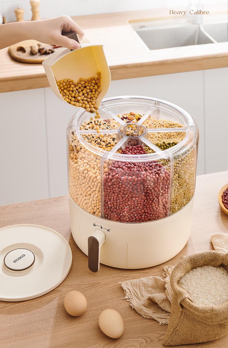 360° Rotating Grain Dispenser, Multi Grain Dispenser Bucket, Moisture Proof Cuisine Organizer, Rotary Partition Sealed Jar, Measuring Container Kitchen Grains Rice Storage Bucket Food Organizer