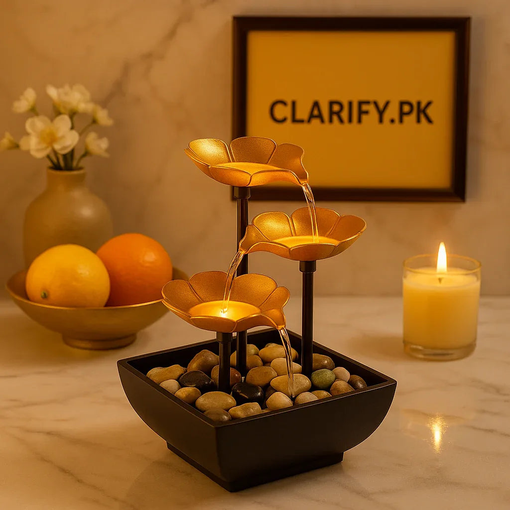 Luxury Electric Table Fountain – Golden Flower Design with Pebbles & LED Light - Clarify.pk
