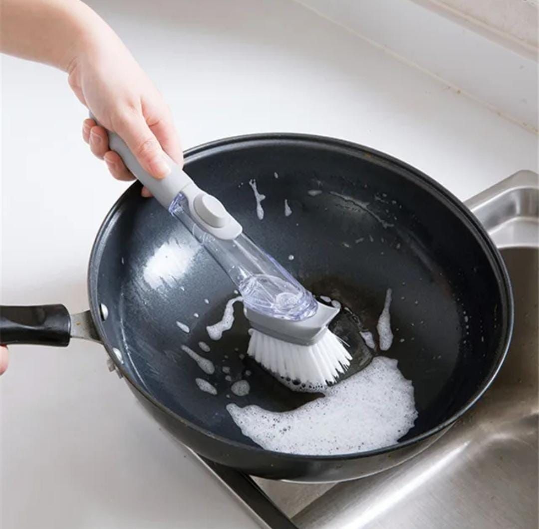 Hand Press Liquid Soap Dispensing Dish Brush - Kitchen Scrubber with Refillable Handle - Trenducts.pk