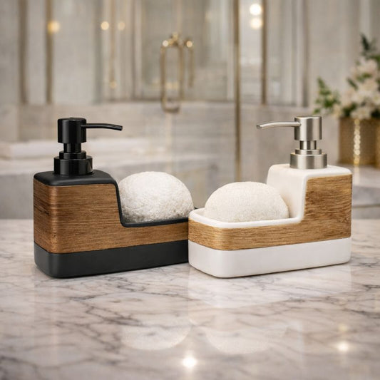 Modern Ceramic Soap Dispenser – Wood-Textured Finish with Integrated Sponge Holder - Trenducts.pk