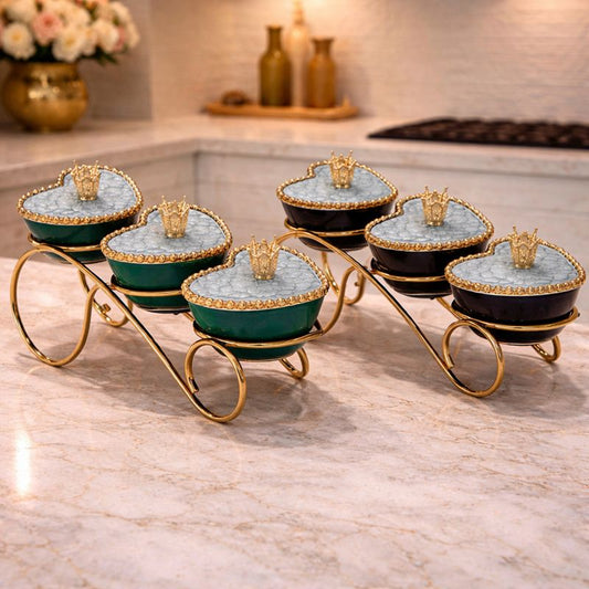 3-Tier Luxury Heart Serving Set – Fancy Marbled Jars with Golden Scroll Stand (Random color) - Trenducts.pk
