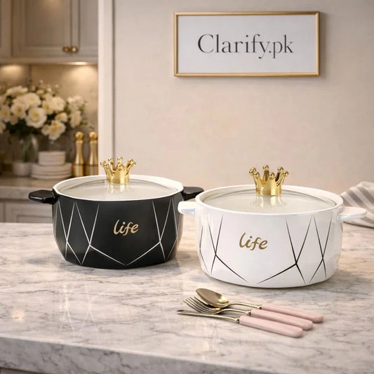 Ceramic Cooking Bowl 1200ml with Crown Lid Handle - Clarify.pk