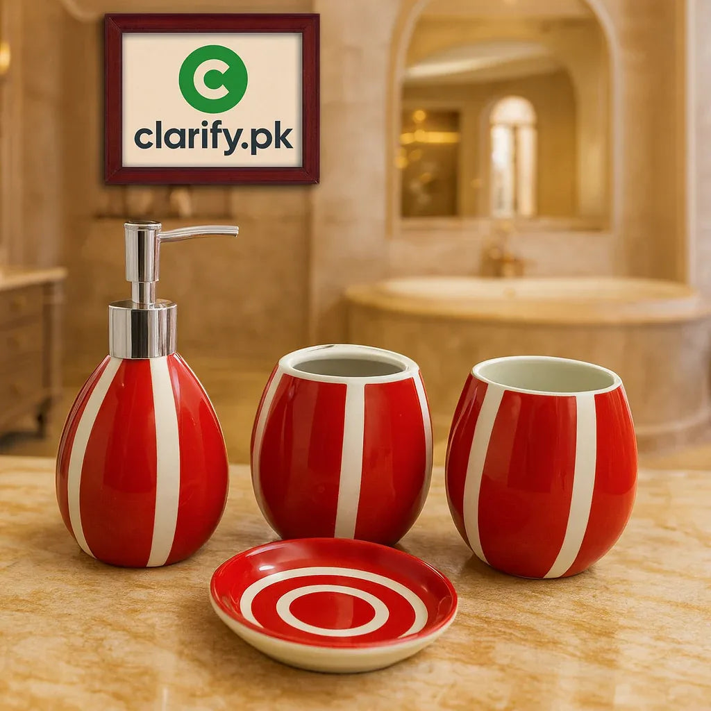 Luxury 4Pcs Red & White Bath Set – Modern Bathroom Décor - Clarify.pk