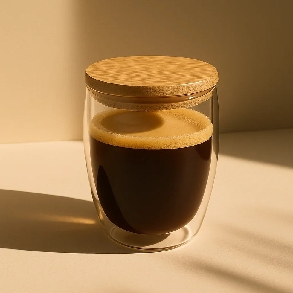 Double-Walled Glass Coffee Cup with Wooden Lid – Premium - Clarify.pk