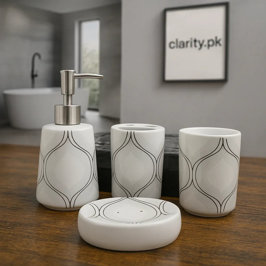 Luxury 4Pcs White Marble Bath Set – Modern Bathroom Décor - Clarify.pk