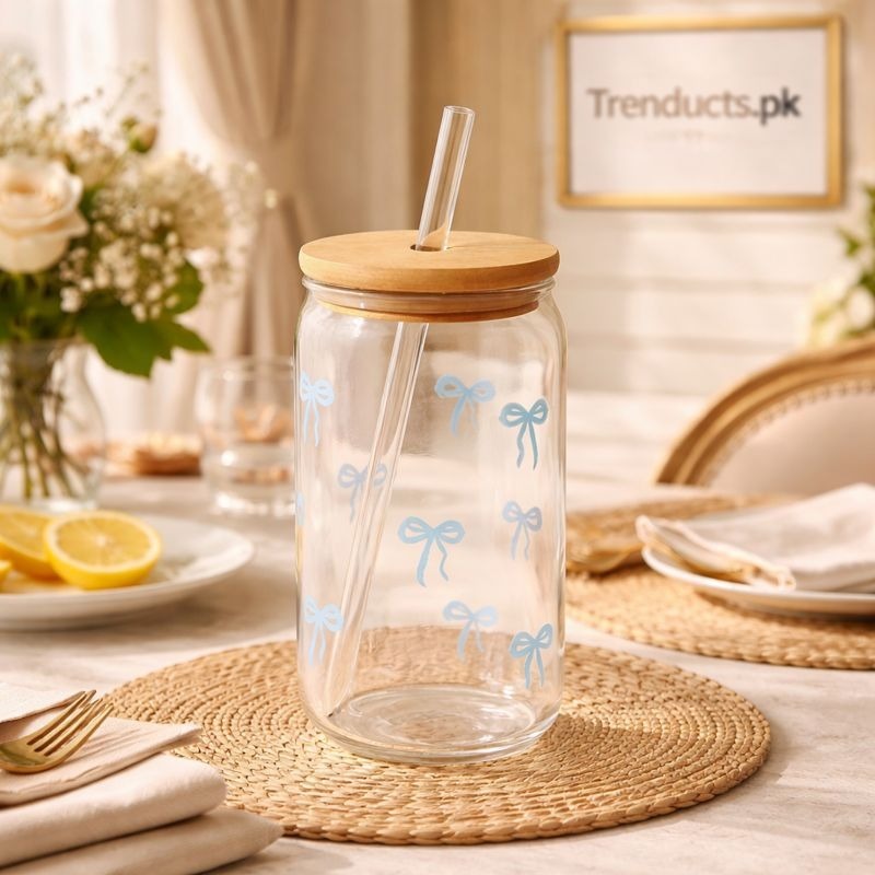 Bow Style Mason Jar – Aesthetic Glass Tumbler with Bamboo Lid MJ