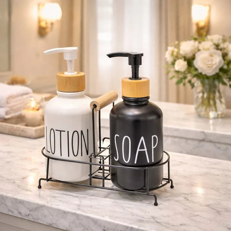 Luxury Soap & Lotion Dispenser Set with Metal Stand - Clarify.pk