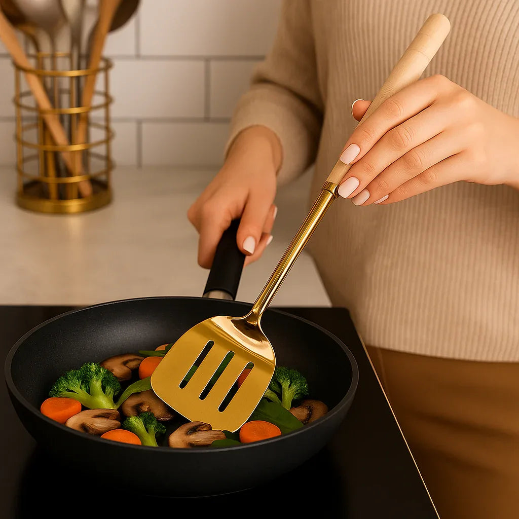 Stainless Steel Golden Turner Spatula with Wooden Handle – Premium Kitchen Tool - Clarify.pk