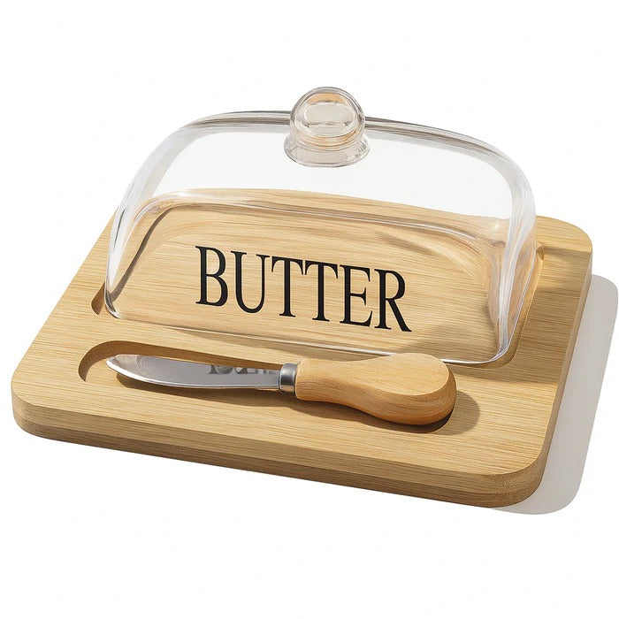 Elegant Glass Butter Dish with Bamboo Base & Knife MJ