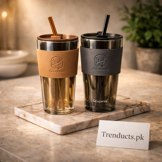 Gucgres Luxury Glass Tumbler - Modern Sipping Cup with Insulated Leather Sleeve & Straw (RANDOM COLOR) - Trenducts.pk
