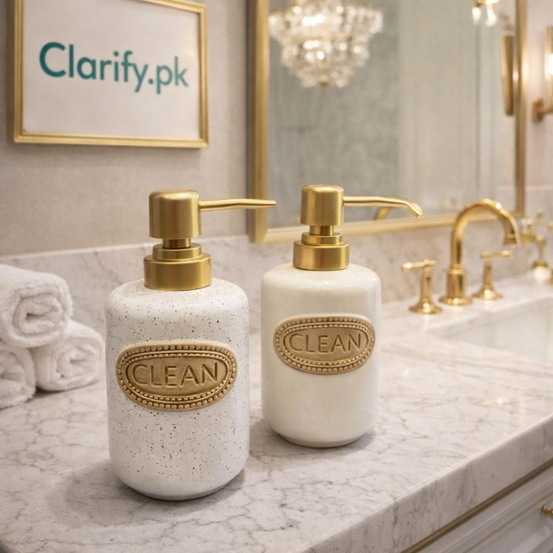 Luxury "CLEAN" Ceramic Soap Dispenser – Premium Embossed Bottle with Gold Pump (each) - Trenducts.pk