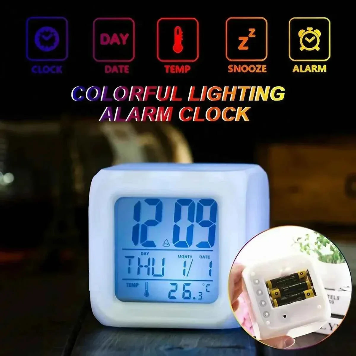 7 Color LED Alarm Clock with Snooze Feature - Clarify.pk