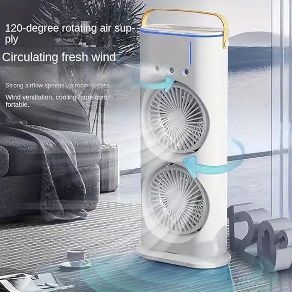 Rechargeable Mist Fan - Dual Spray with Automatic Rotation and Lighting Effects - Clarify.pk