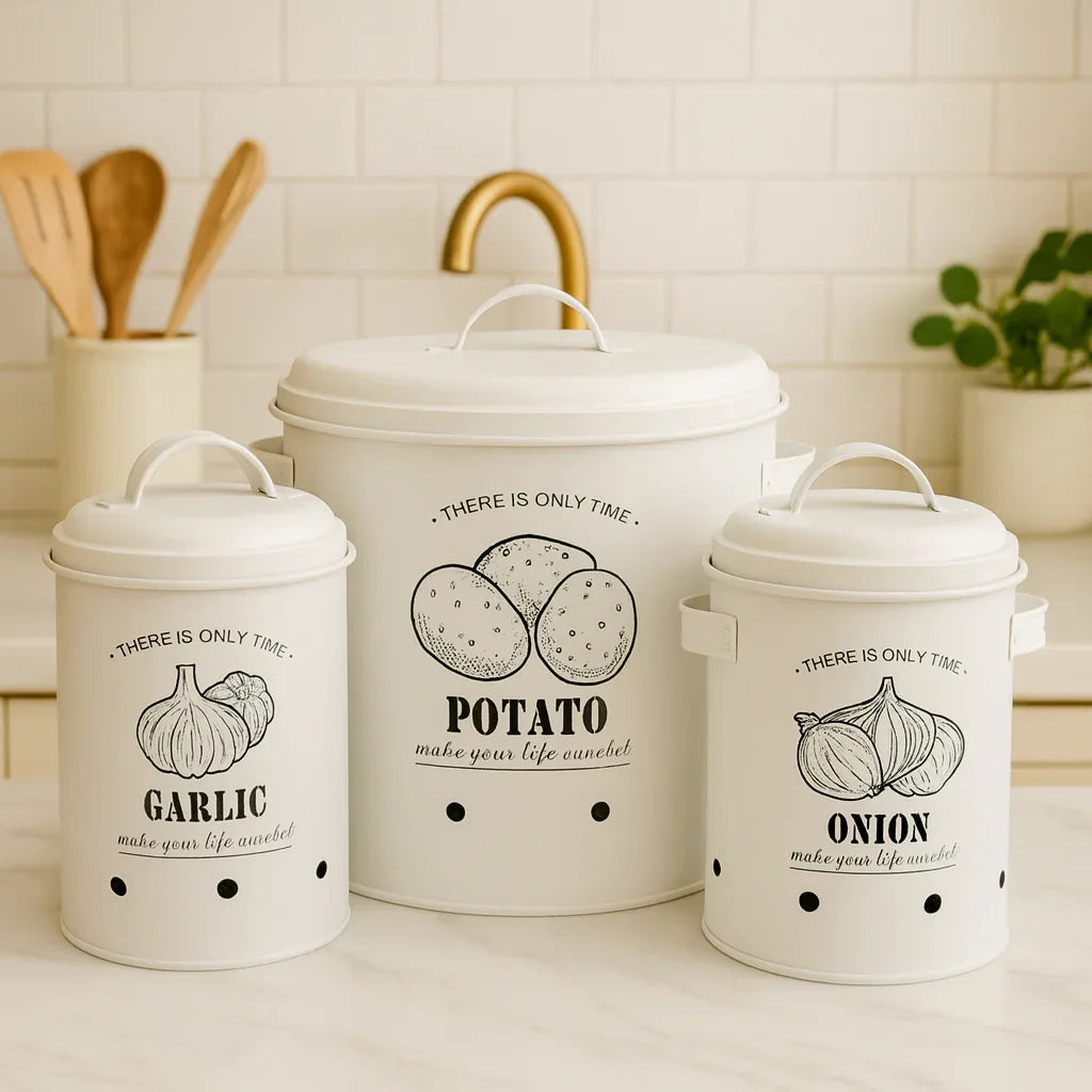 Luxury White Kitchen Canister Set – Potato, Onion & Garlic - Clarify.pk
