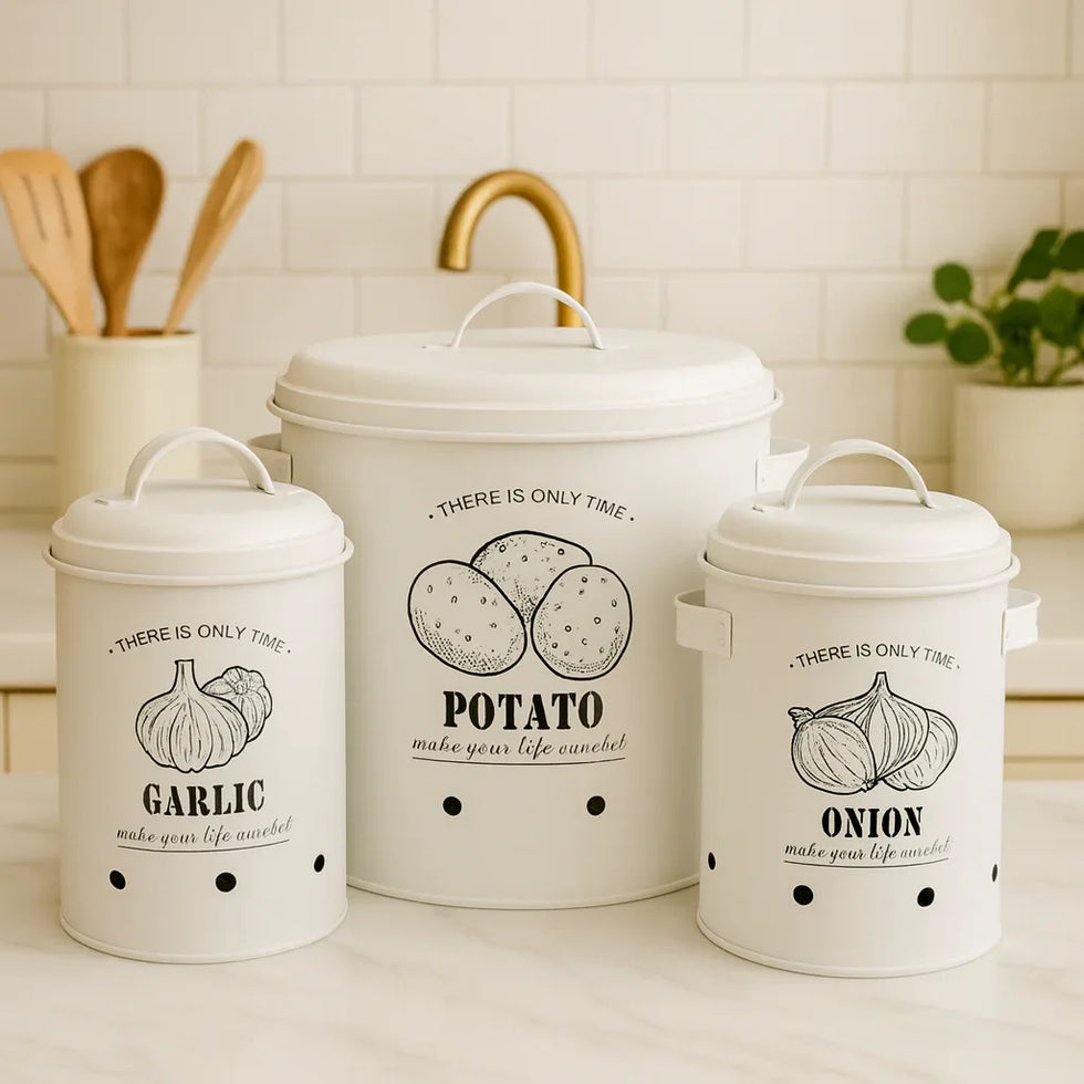 Luxury White Kitchen Canister Set – Potato, Onion & Garlic - Clarify.pk