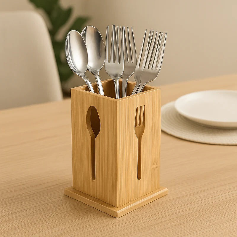 Spoon-Embossed Wooden Cutlery Holder – Handcrafted Tabletop Organizer MJ