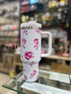 Premium White Pink Rose 40oz Tumbler With Handle – 1200ml - Clarify.pk