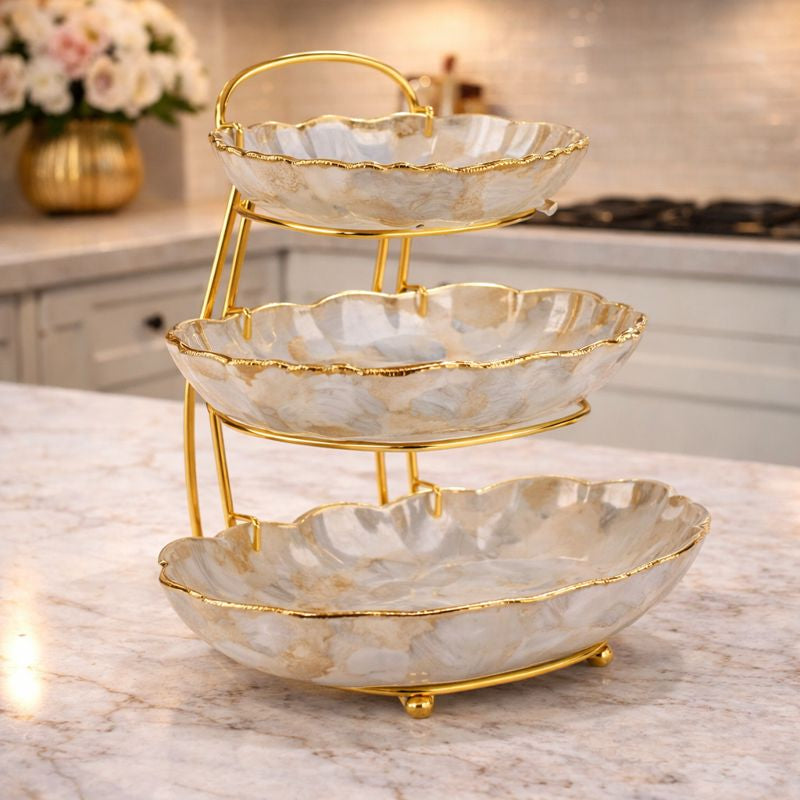 3-Tier Ceramic Fancy Dishes – Triple Tier Platter with Elegant Golden Stand - Trenducts.pk