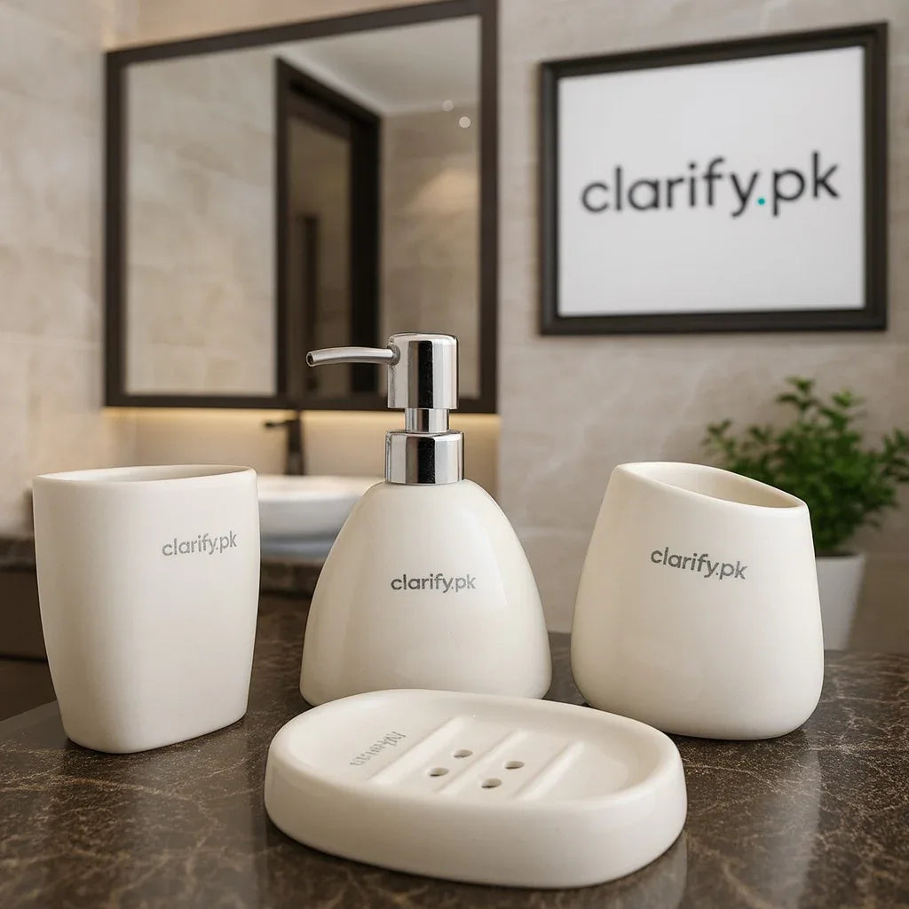 4-Piece Bathroom Set – Elegant White Ceramic with Silver Pump - Clarify.pk