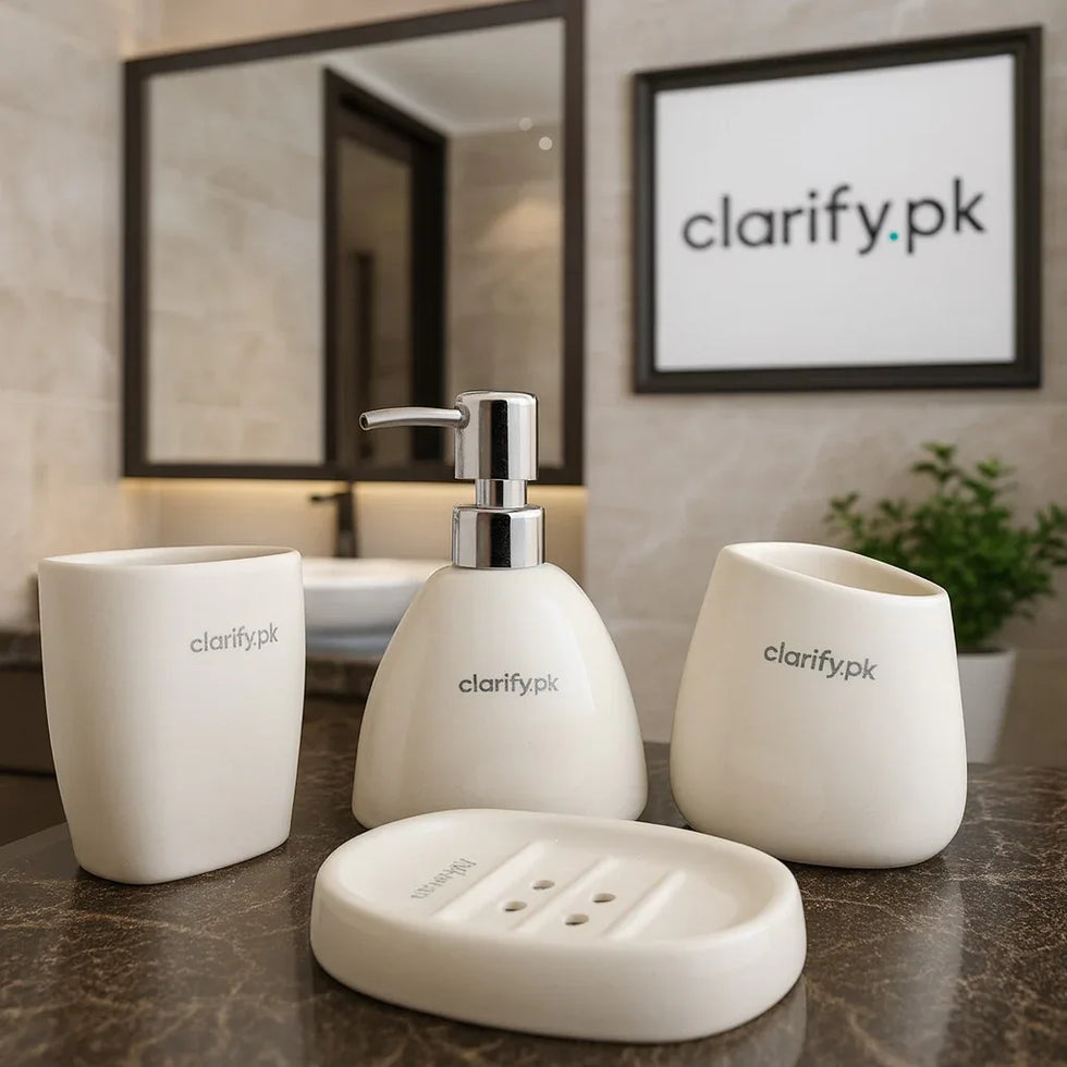 4-Piece Bathroom Set – Elegant White Ceramic with Silver Pump - Clarify.pk